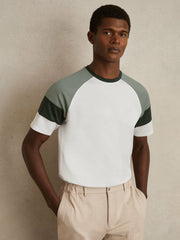 Mercerised-Cotton Colourblock T-Shirt in White/Sage