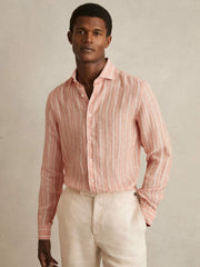 Linen Striped Long Sleeve Shirt in Pink Rose/White Bengal Stripe