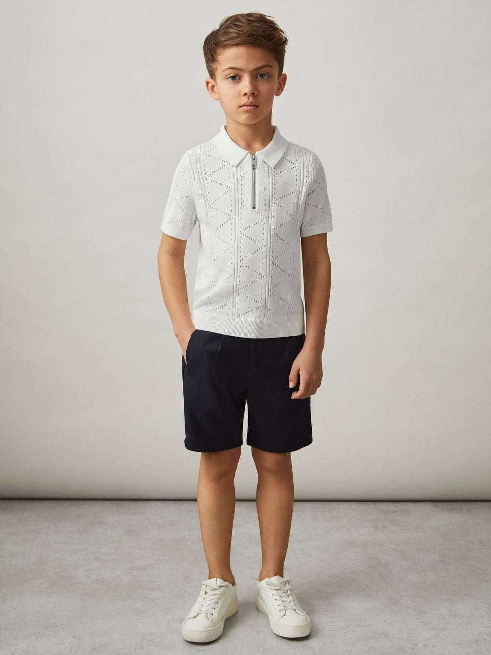 3-9 yrs Half-Zip Pointelle Polo Shirt in Off White