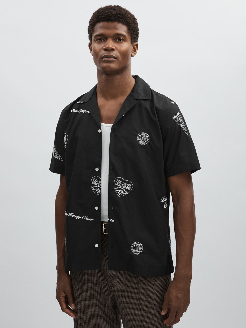 Les Deux Cotton Embroidered Shirt in Black Print