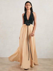 Halston Crepe and Chiffon Maxi Dress in Black/Ivory