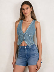 Studded Denim Vest in Indigo Blue