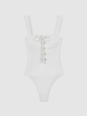 Ribbed Lace-Up Swimsuit in White