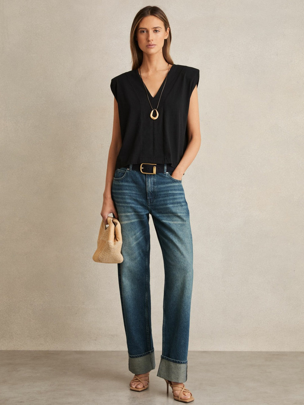 Cotton Shoulder-Pad V-Neck Top in Black