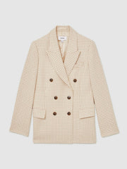 Double Breasted Check Blazer With Wool in Neutral Check