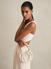 Leather Bead-Handle Pouch Bag in Off White