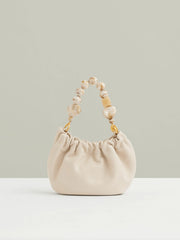 Leather Bead-Handle Pouch Bag in Off White