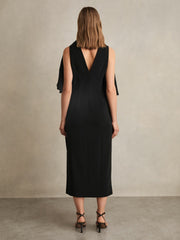 Draped-Front High-Neck Midi Dress in Black