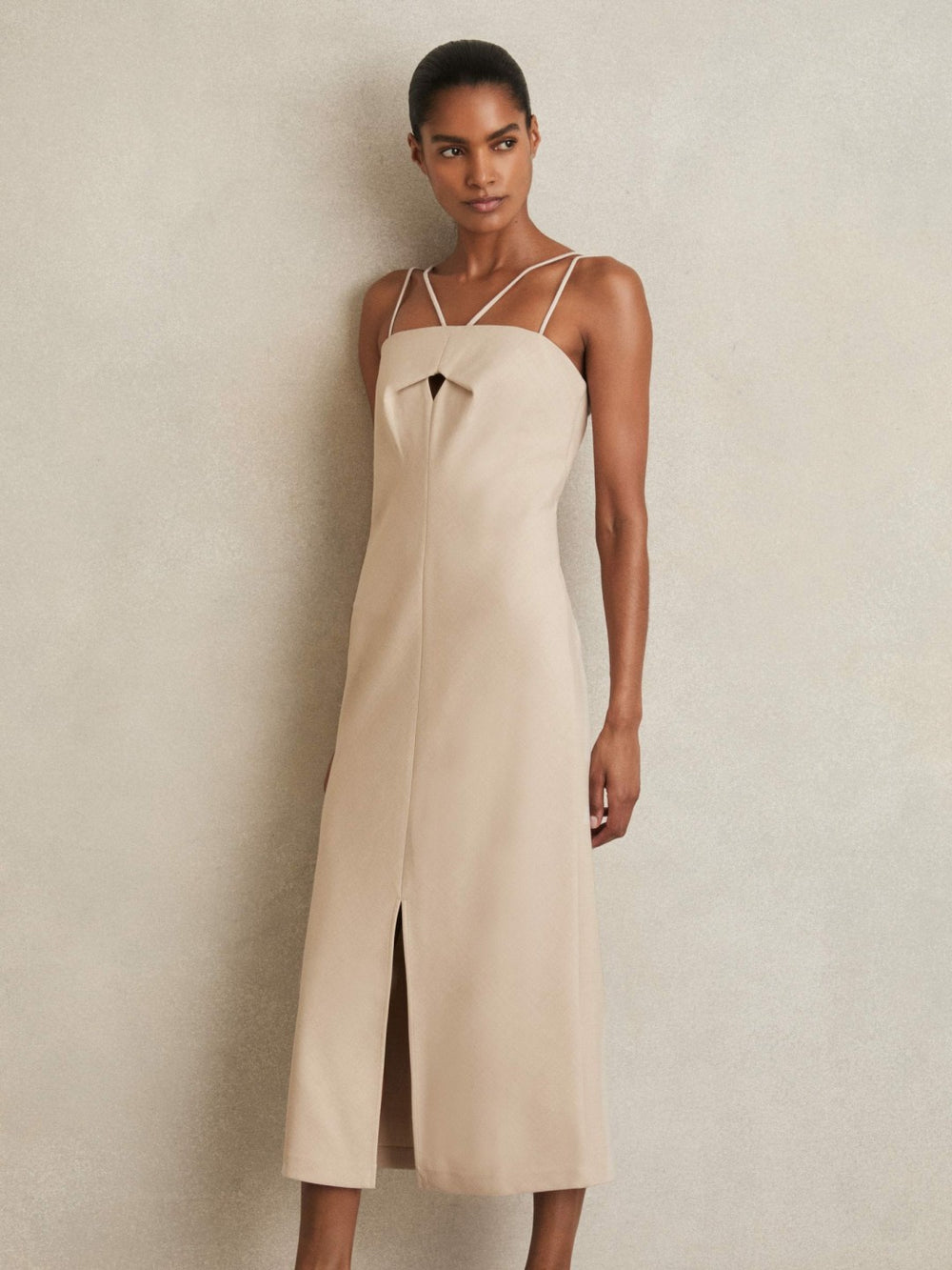 Double Strap Cut Out Midi Dress in Stone Neutral