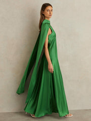 Satin Cape Maxi Dress in Green