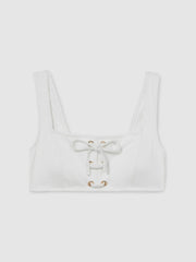 Ribbed Lace-Up Bikini Top in White