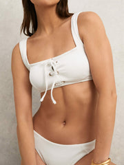 Ribbed Lace-Up Bikini Top in White