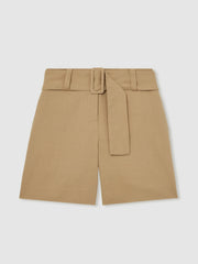 Cotton-Blend Belted Shorts With Linen in Camel