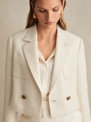 Double-Breasted Textured Cropped Blazer with Wool and Cotton in White