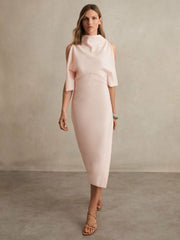 Draped-Front High-Neck Midi Dress in Pale Pink