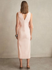 Draped-Front High-Neck Midi Dress in Pale Pink