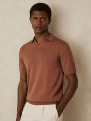 Merino Wool Open Collar Polo Shirt in Cinnamon Brown