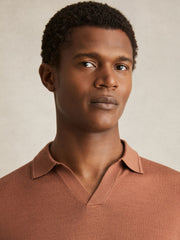 Merino Wool Open Collar Polo Shirt in Cinnamon Brown