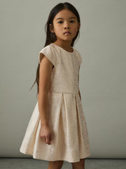 4-9 yrs Brocade Cap-Sleeve Pleated Dress in Ivory