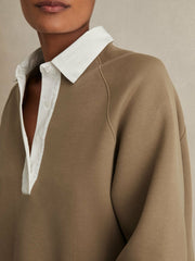 Cotton-Blend Interlock Collar Sweatshirt in Camel