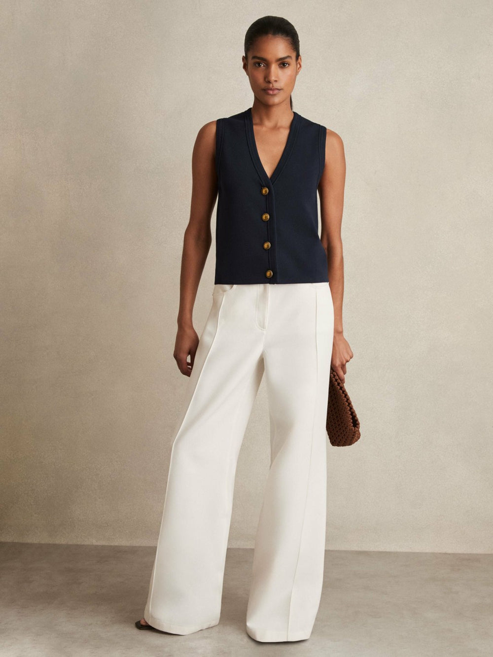 Knitted Button Through Vest in Navy