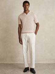 Merino Wool Open Collar Polo Shirt in Beige