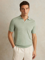 Merino Wool Open Collar Polo Shirt in Sage Green Melange