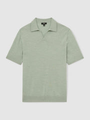 Merino Wool Open Collar Polo Shirt in Sage Green Melange