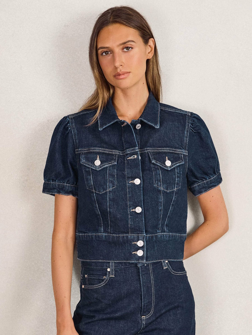 Paige Puff-Sleeve Short Denim Jacket in Emberlynn Blue