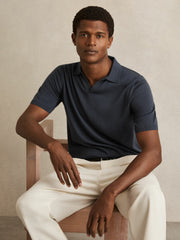 Merino Wool Open Collar Polo Shirt in Midnight Navy