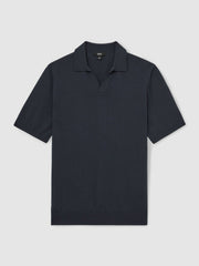 Merino Wool Open Collar Polo Shirt in Midnight Navy