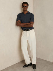 Merino Wool Open Collar Polo Shirt in Midnight Navy