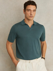 Merino Wool Open Collar Polo Shirt in Orion Blue