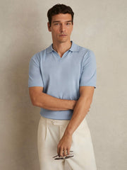Merino Wool Open Collar Polo Shirt in Soft Blue