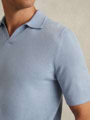 Merino Wool Open Collar Polo Shirt in Soft Blue