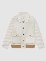 13-14 yrs Cotton Pinstripe Harrington Jacket in Off White/Taupe Brown