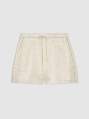 Laser Cut Drawstring Shorts in White