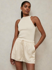 Laser Cut Drawstring Shorts in White