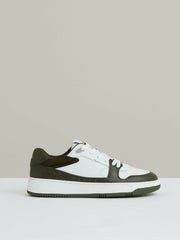 Leather Panelled Trainers in Khaki/White