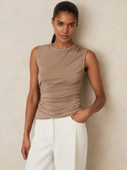Stretch-Modal Ruched Vest in Mocha Brown