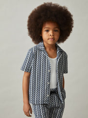 3-9 yrs Zig-Zag Knit Cuban-Collar Shirt in Blue