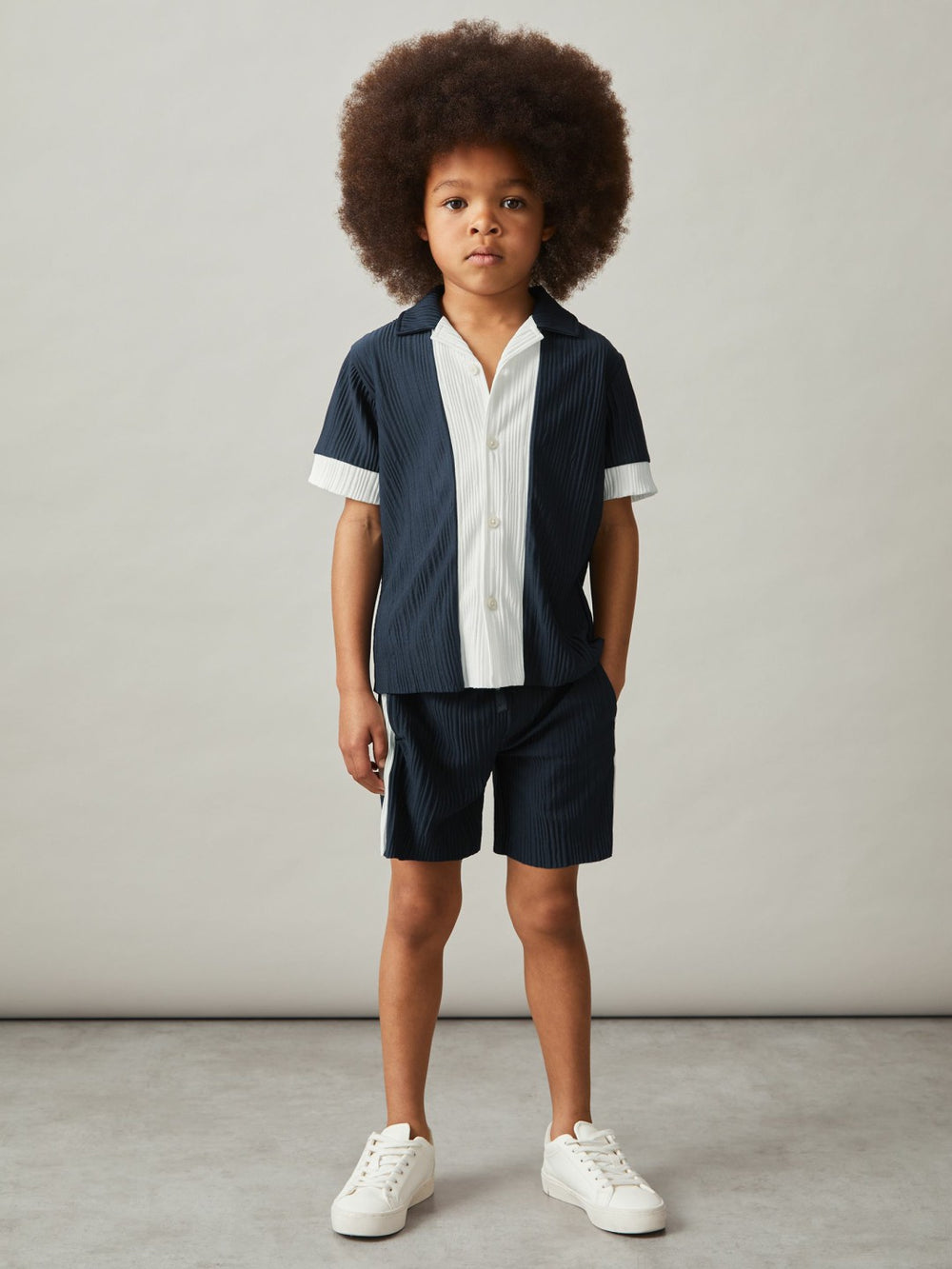 9-13 yrs Plissé Colour-Block Shorts in Navy/White