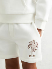 3-9 yrs Cotton Blend Palm Embroidered Shorts in Off White
