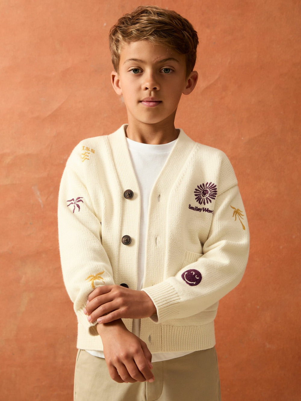 9-13 yrs SmileyWorld Embroidery Cardigan Unisex Fit in Off White