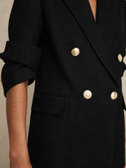 Oversized Double-Breasted Blazer Linen-Blend in Black