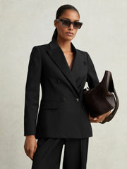 Wool Blend Double Breasted Suit Blazer in Black