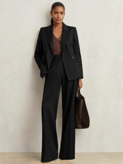 Wool Blend Double Breasted Suit Blazer in Black