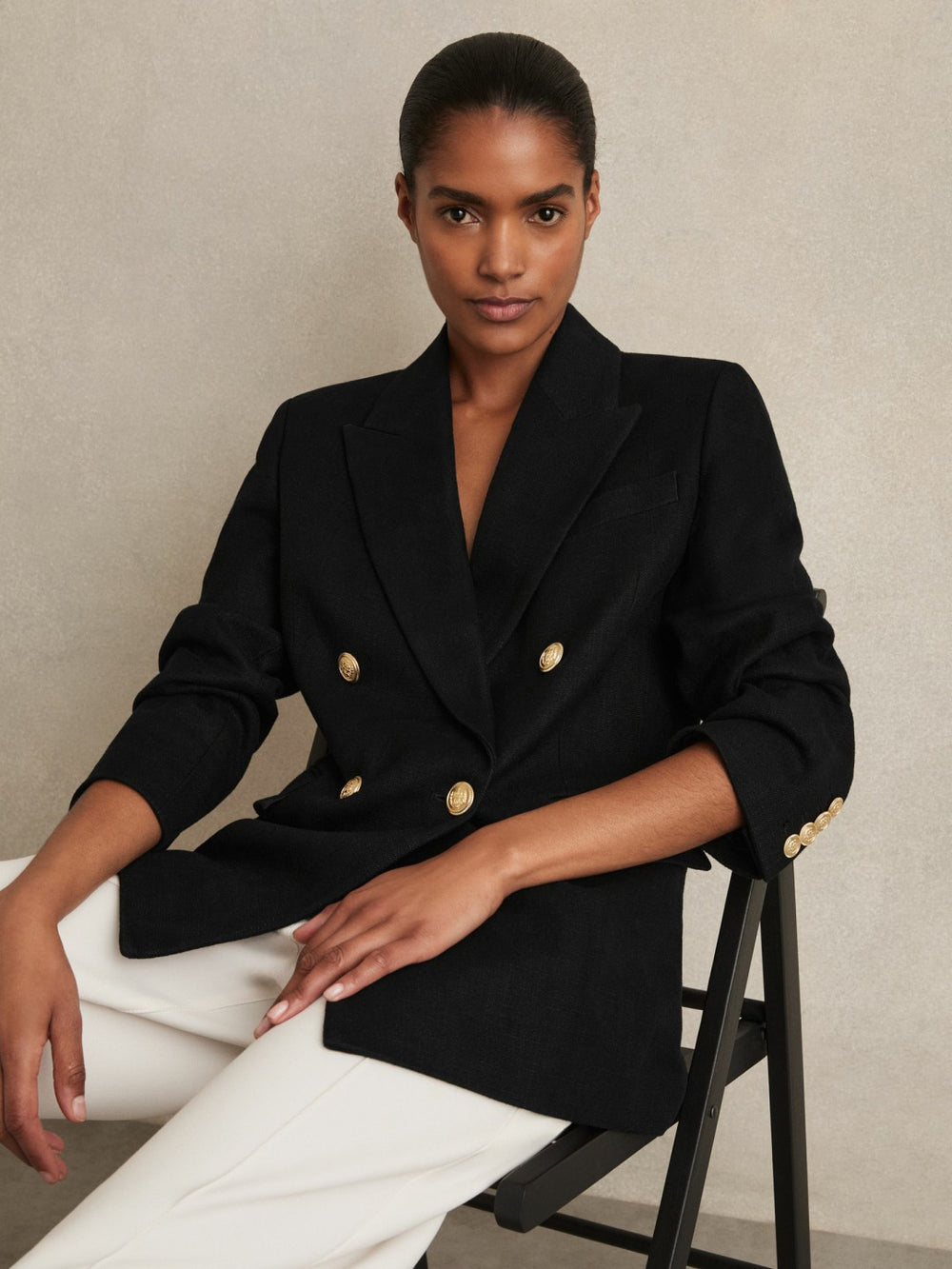 Petite Oversized Double-Breasted Blazer Linen-Blend in Black