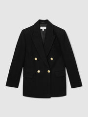 Petite Oversized Double-Breasted Blazer Linen-Blend in Black