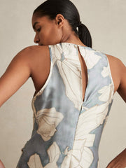Satin Floral Drape Midi Dress in Blue